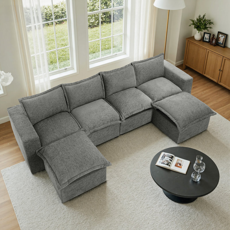 6 Seater Sectional, Grey Chenille