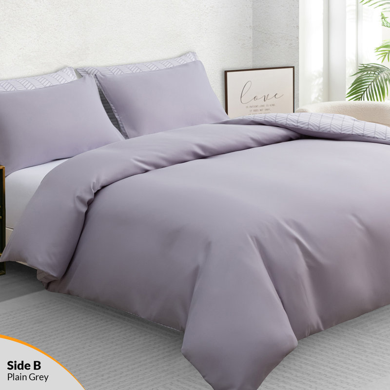 Luxury Double Brushed Microfiber Reversible Duvet Cover Set with Zipper Closure and Corner Ties, Grey
