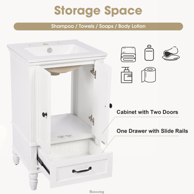 Meuble-lavabo autoportant de 20 po avec comptoir d'évier, armoire en panneau de fibres à densité moyenne avec 2 portes, 1 tiroir, butoir de porte magnétique et patins réglables, blanc