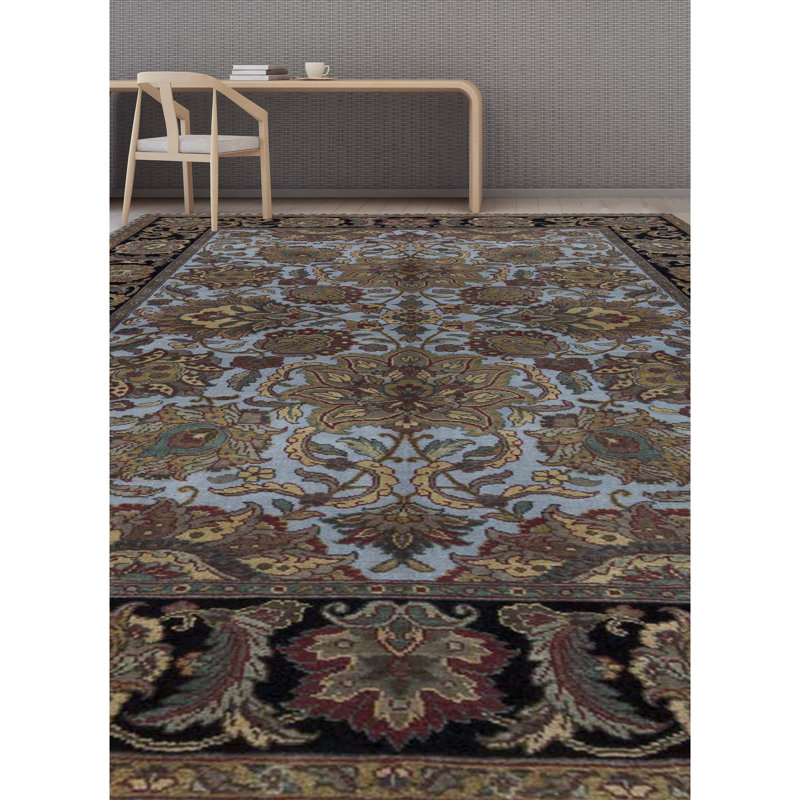 Crown Wool Oriental Area Rug in Blue/Black/Brown