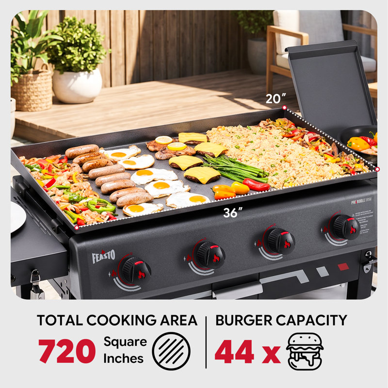 Plaque chauffante au gaz propane à 4 brûleurs de 36 po FEASTO avec brûleur latéral de 13 000 BTU et barbecue à toit plat extérieur de 720 po² pour patio et cour arrière