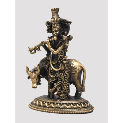 Petit Lord Krishna de 3 pouces jouant de la flûte avec vache Divine, idéal pour la puja