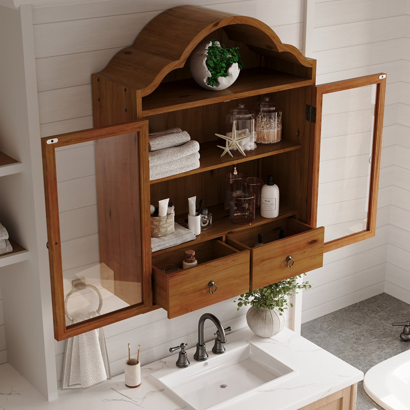 Armoire murale rétro en bois massif avec tiroirs et tablettes Vintage Rustic, Brun