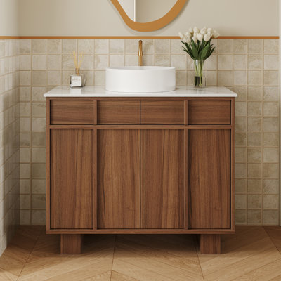 36" Vintage Brown Walnut Bathroom Vanity Base With Stone Countertop, Ceramic Sink, Included Drain & Adjustable Shelf