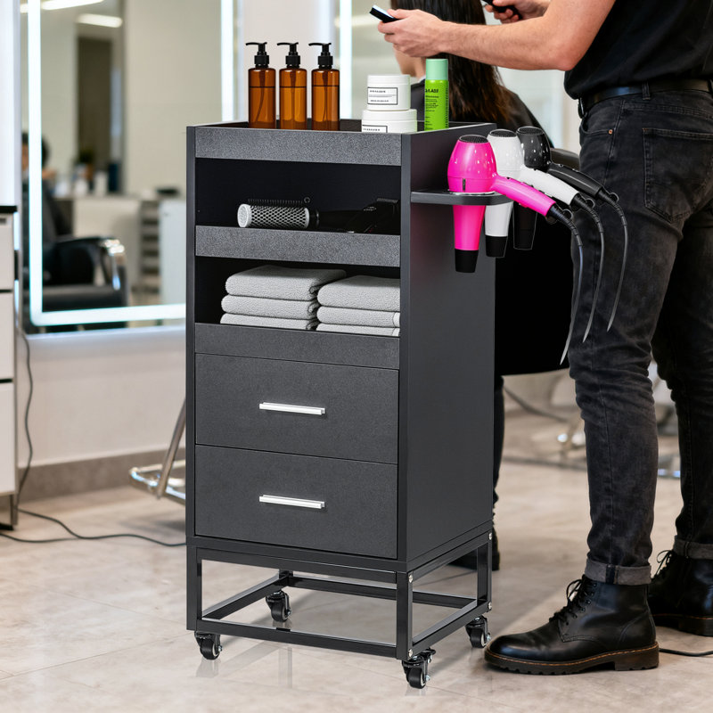 Chariot de salon noir avec roulettes et 2 tiroirs, 2 compartiments, 3 porte-outils en métal, Noir