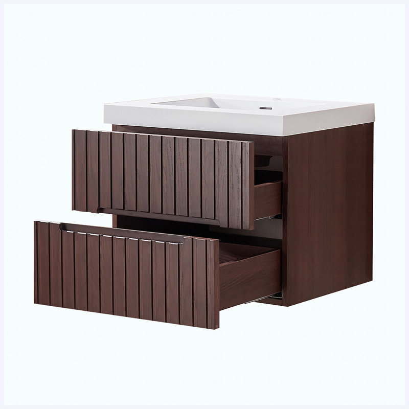Meuble-lavabo suspendu de 61 cm (24 po) avec lavabo intégré en acrylique blanc, armoire en contreplaqué préassemblée avec 2 tiroirs, noyer foncé