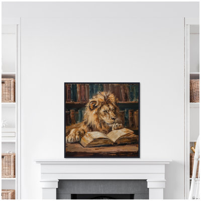 Traditional Lion Reading in Library by The Creative Bunch Studio Framed Canvas Wall Art Print