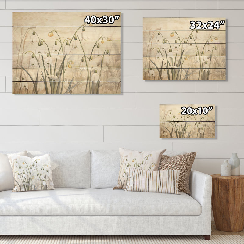 Minimalism Snowdrops Beige Scenery I - Snowdrops Wood Art On Natural Pine Wood, 24" H x 32" W