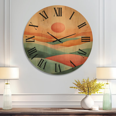 Coucher de soleil sur les collines III - Horloge murale moderne surdimensionnée, imprimée sur bois