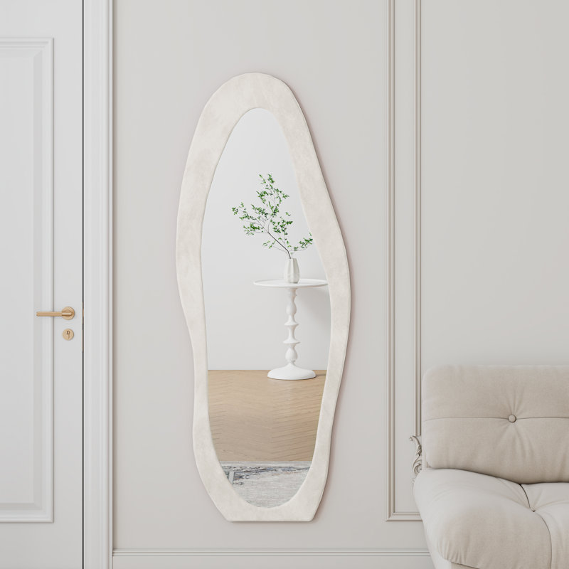 White Full Length Floor Or Wall Mirror 63" X 24", Irregular Wavy Design With Flannel Wrapped Wooden Frame, Large Standing Mirror For Bedroom And Living Room | Gift Idea