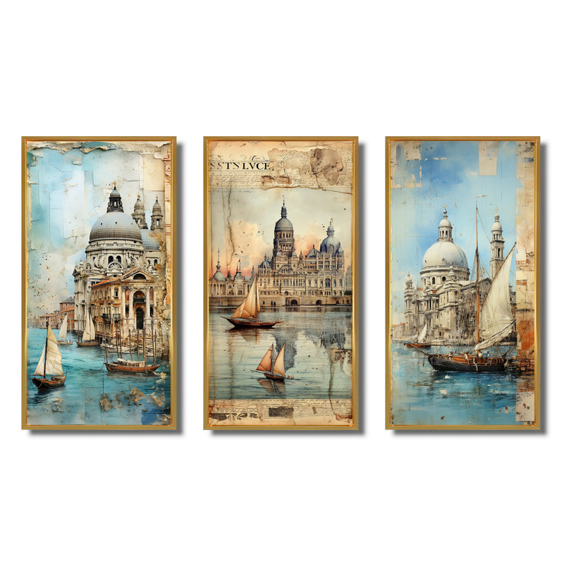 «Venice Distant Memories Journal Collage», 3 pièces sur toile, Cadre flottant doré, H 32 po x l 48 po