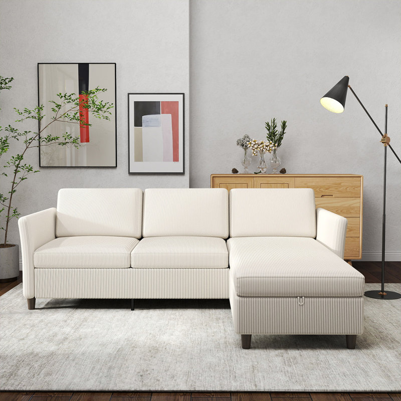88.5'' W Corduroy Comfy L Shaped Sectional Storage Sofa Modular Cloud Sofa , Beige Corduroy