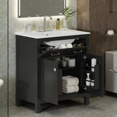 30" Bathroom Vanity with Ceramic Sink – Modern Storage Cabinet with Soft-Close Doors, Flip-Out Drawer & Adjustable U-Shaped Shelf – Door-Mounted Organizers, Solid Wood Frame – Freestanding for Small Bathrooms