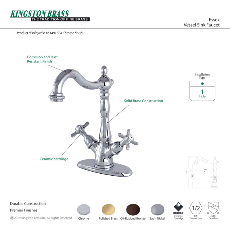 Robinet pour vasque à fixation sur comptoir à deux poignées à 1 ou 3 trous Kingston Brass Essex, Nickel brossé