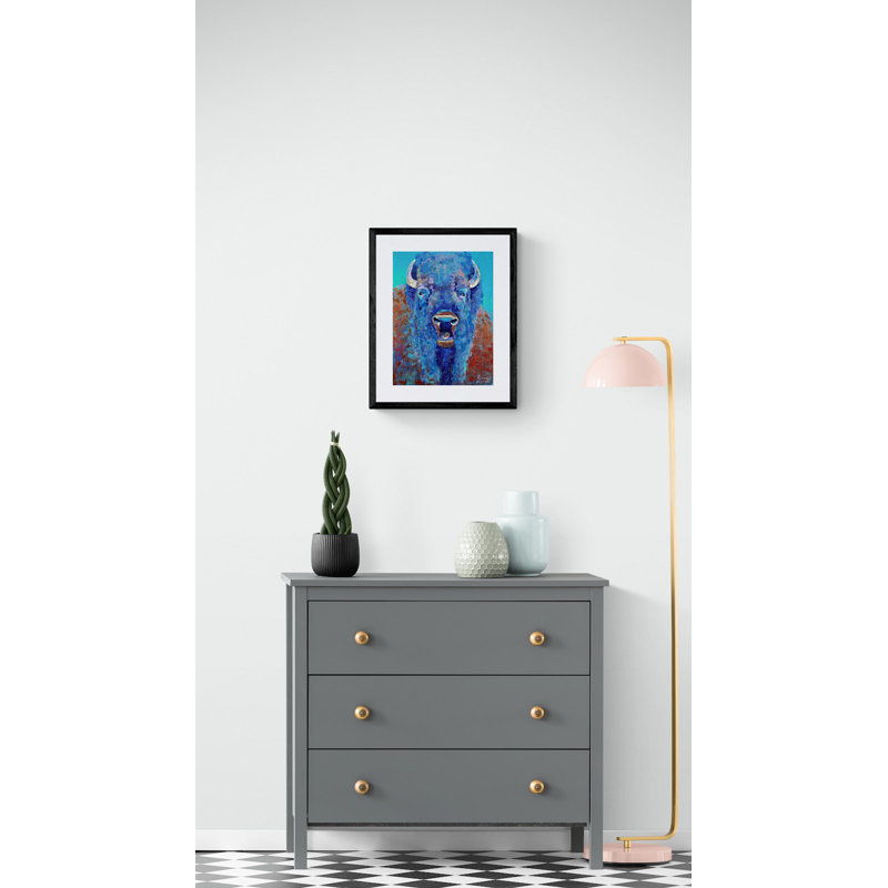 Bellowing Bison Print by Dara Daniel, 20" H x 16" W, Black Framed Paper, White