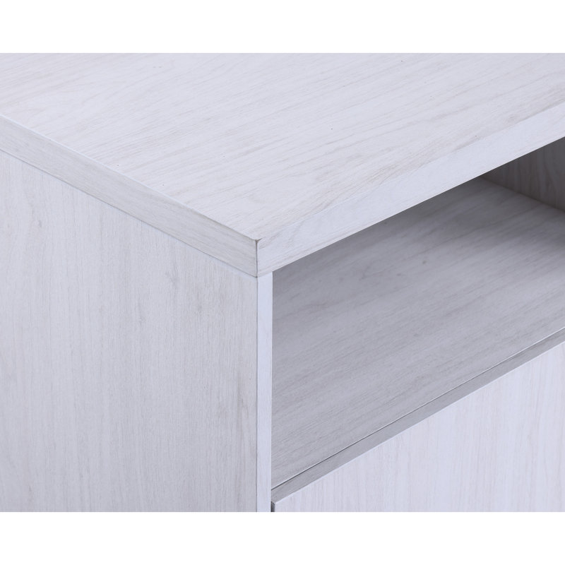 Meuble télé 70 - 69 pouces au fini noyer blanc, foyer, chauffage, plusieurs couleurs de DEL, 3 tablettes et 2 armoires intégrées à DEL, ouvertes