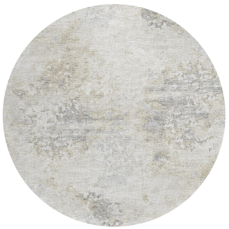 Tapis brun / beige en polyester tissé à la machine à motif abstrait Xairexis, Rond 8 pi