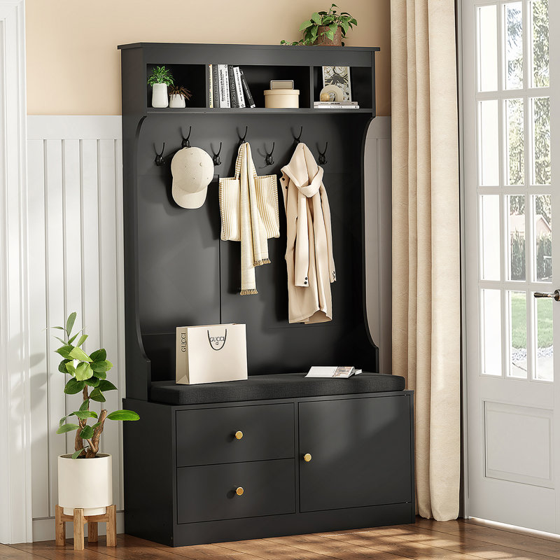 Arbre d'entrée polyvalent avec banc et rangement pour chaussures, solution 6-en-1 pour l'organisation et le confort du vestibule, avec de multiples options de rangement et des crochets robustes