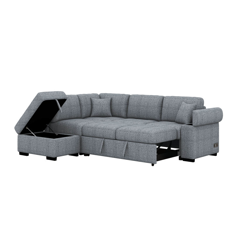 Canapé-lit convertible avec repose-pieds avec rangement, canapé modulaire en L avec bras de rangement et charge USB, canapé-lit escamotable