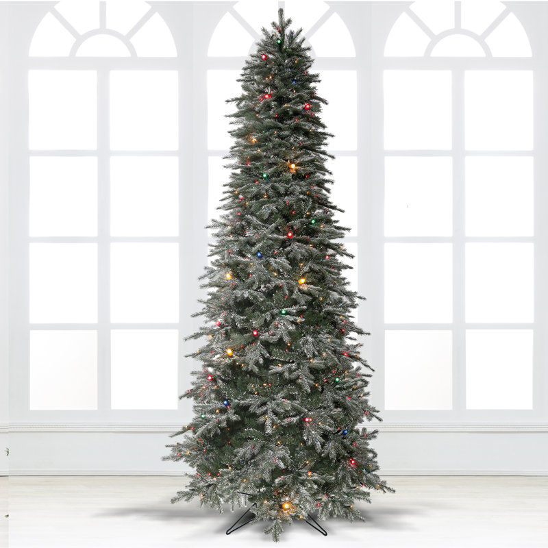 Arbre de Noël artificiel épinette vert 7,5 pi avec 550 lumières claires / blanches Slim Downswept, Transparent/blanc