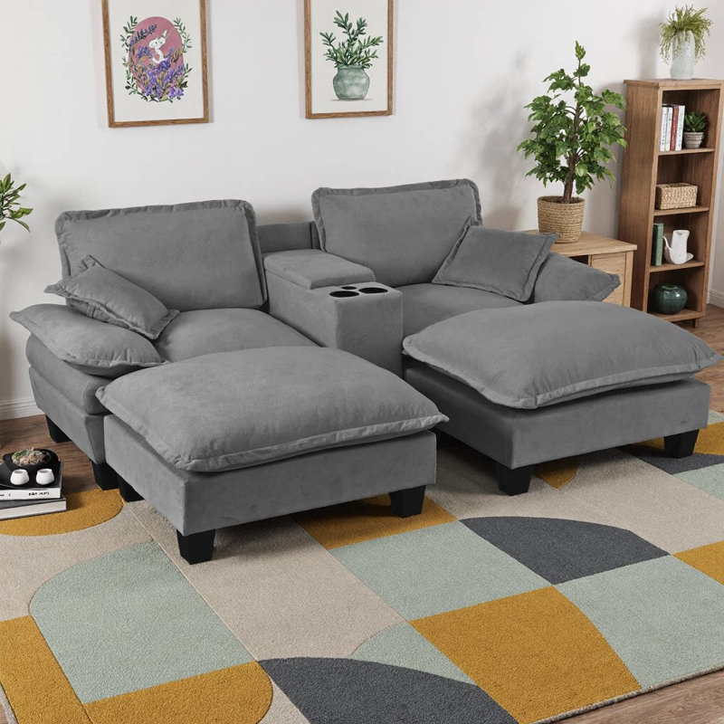 Canapé modulaire en nuage à 4 places, canapé modulaire en U avec porte-gobelets, rangement et port USB, 2 repose-pieds et 2 coussins, tissu en chenille doux pour la vie en appartement