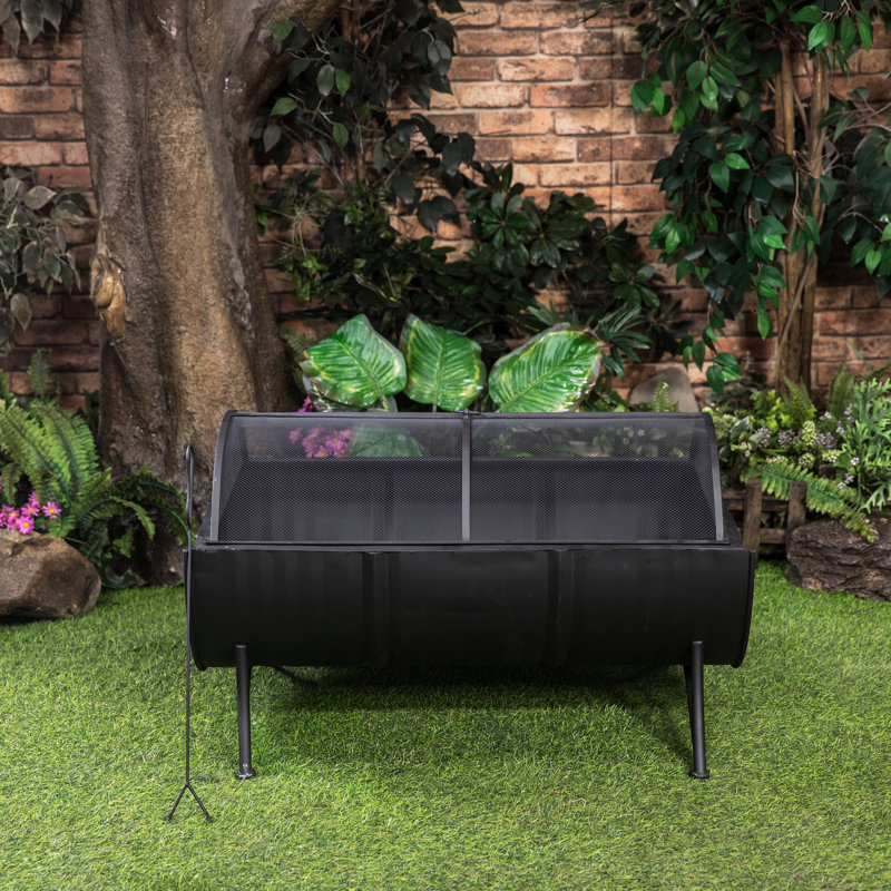 Deko Living 35 Inch Rectangular Outdoor Metal Wood Burning Barrel Firepit with Screen Lid and Poker