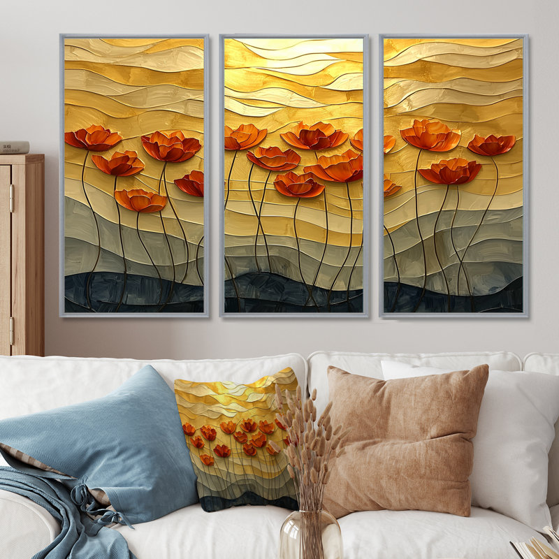 Coucher de soleil sur les vagues de coquelicots I - art mural coquelicots - ensemble de 3, H 40 po x l 60 po, Argent argent