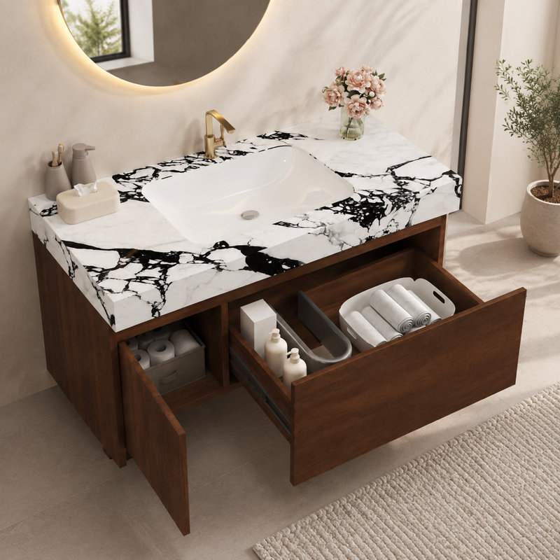 Meuble-lavabo suspendu de 90,5 cm (35,64 pouces) avec comptoir en pierre frittée sans joint et lavabo en céramique, fixé au mur, avec tiroir et armoire à fermeture amortie.