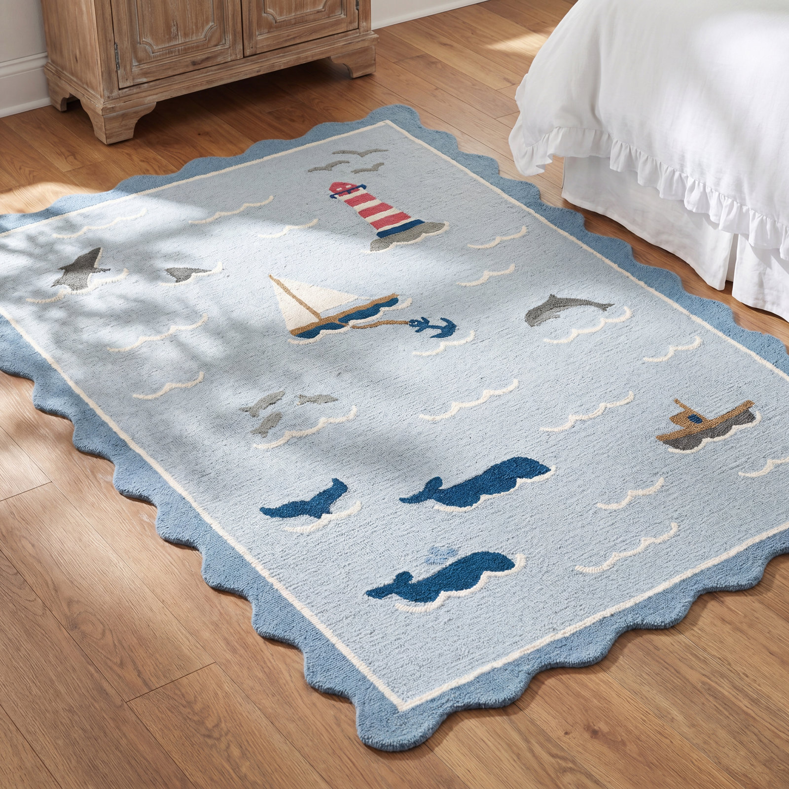 Lola Sea Blue Hand-Tufted Wool Rug, Rectangle 5' x 7'6"