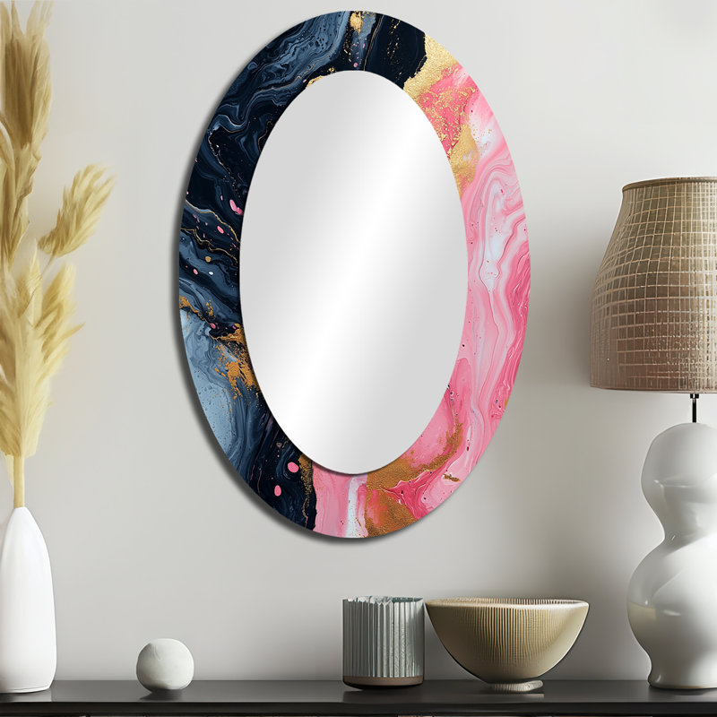 Abstract Marble In Pink And Black - Large Oval Wall Mirror On Metal, 36" x 24"