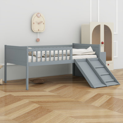 Children Platform Bed with Guardrail, Slide & Storage Shelves