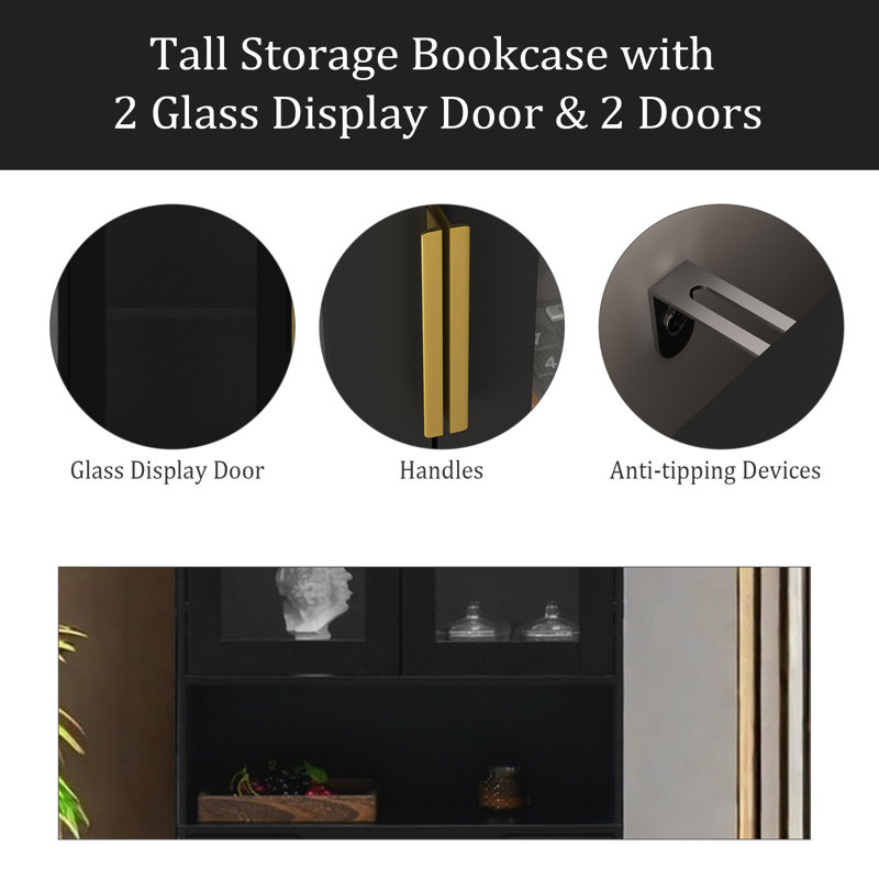 Armoire vitrée avec rangement H 63 "avec 2 portes vitrées et 2 portes, garde-manger, Or, Noir