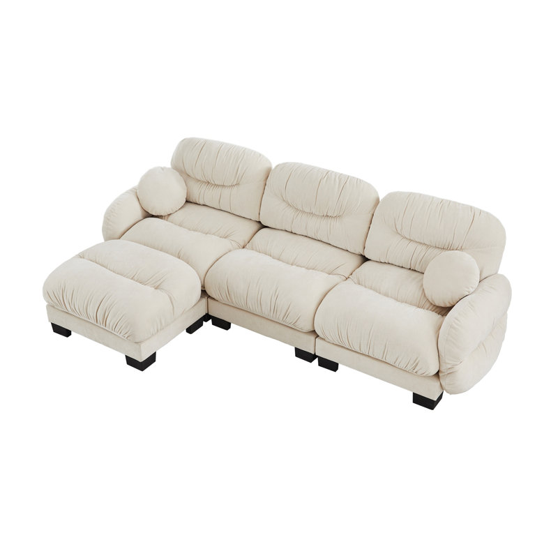 Canapé modulaire en L beige avec repose-pieds en chenille beige, canapé modulaire plissé avec accoudoirs et coussins ronds