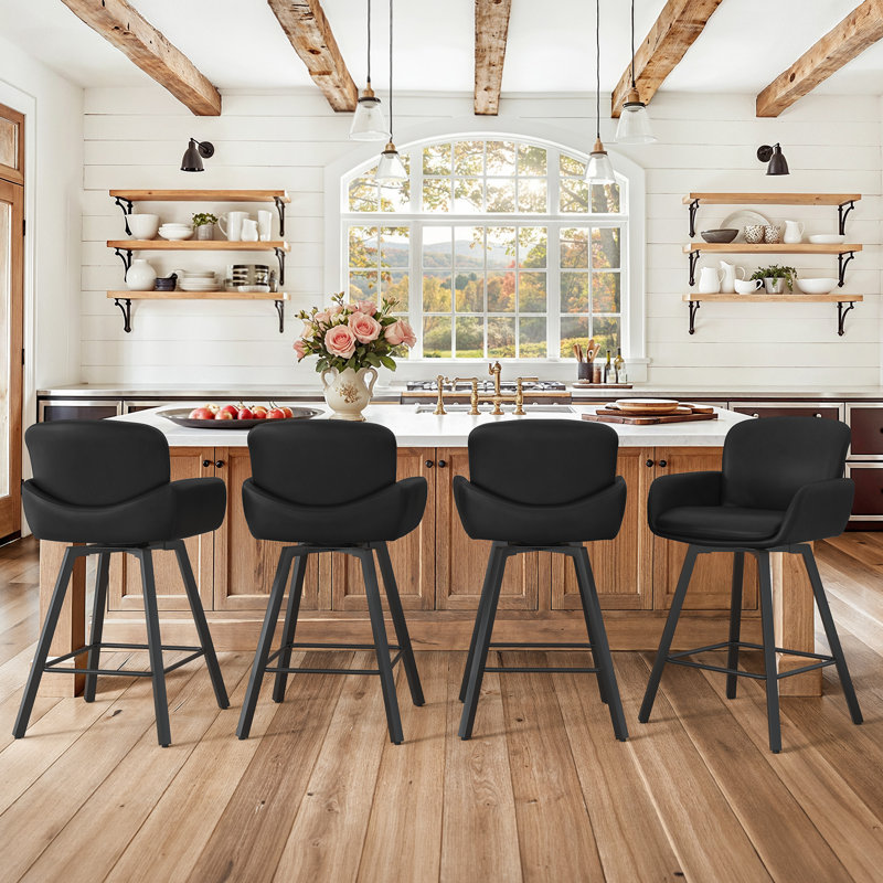 Nicola Dynasty Luxury Counter Swivel Bar Stools, 6, Black/Faux Leather