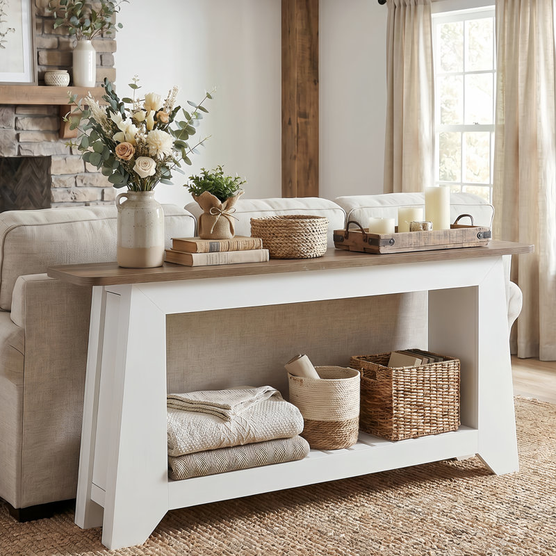 Console 63 po avec tablette de rangement, canapé d'entrée bicolore grain de bois