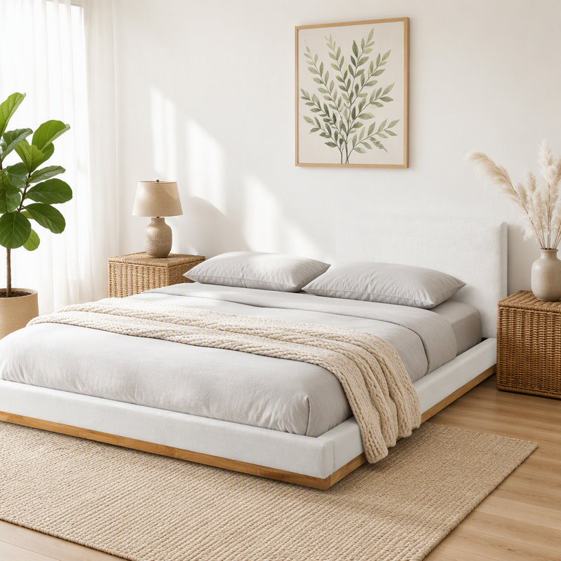 Wood Platform Bed with Upholstered Headboard, Tufted Design