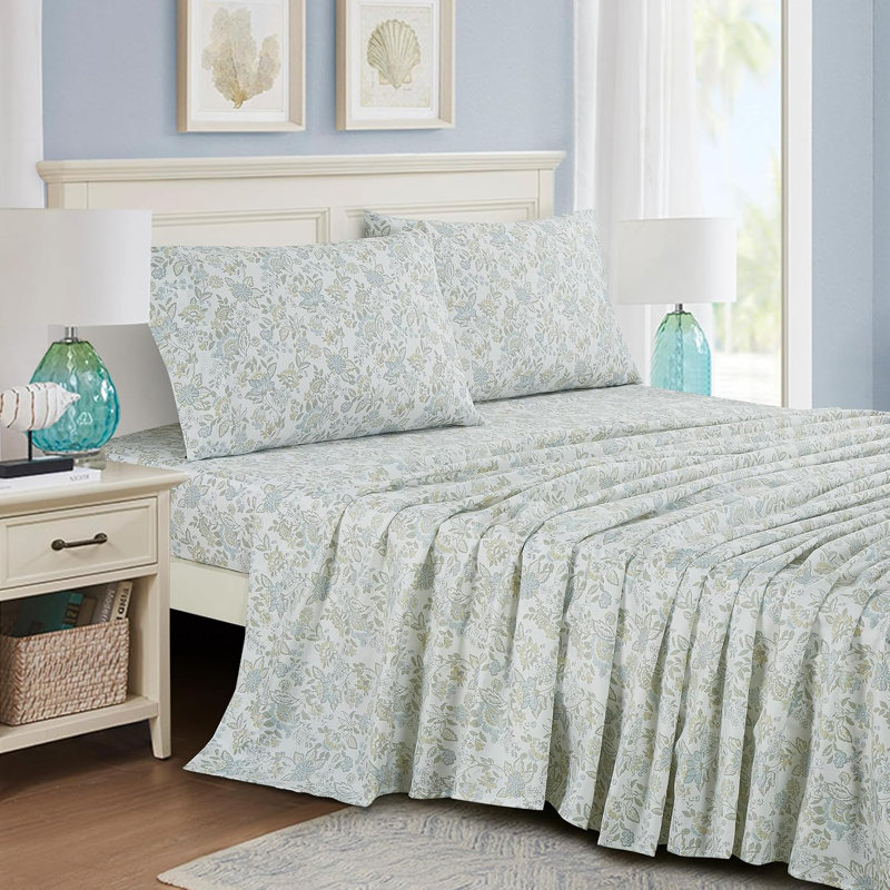 Ensemble de draps en microfibre à imprimé floral, Grand lit, Blanc, bleu, vert, fleur