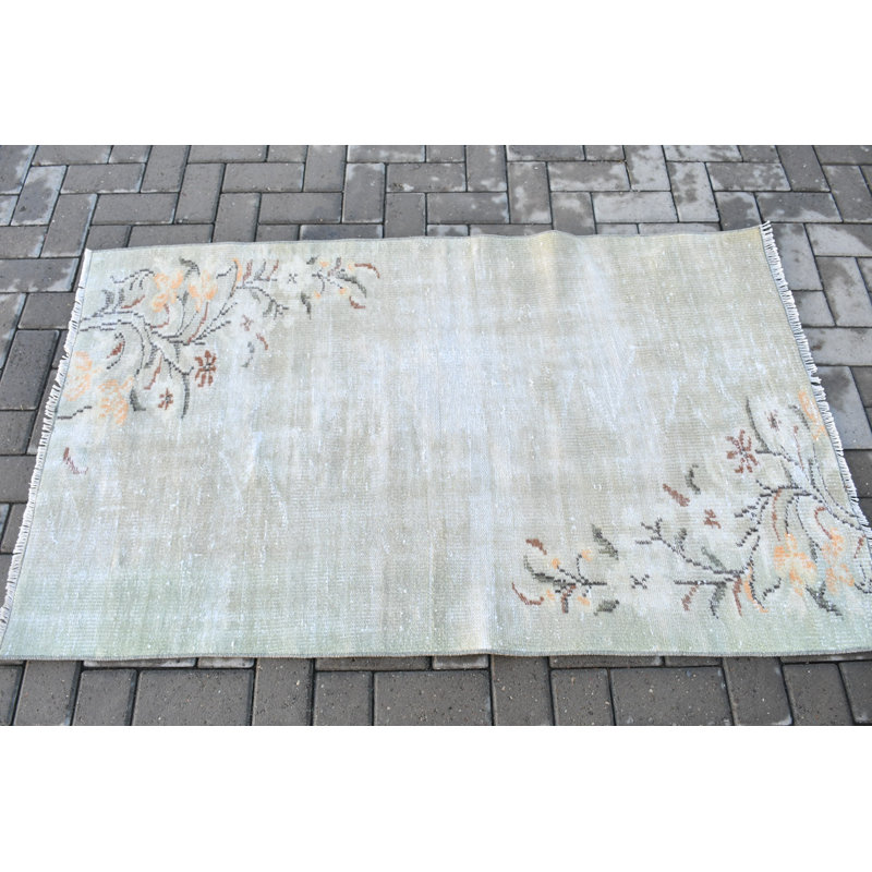 Tapis turc vert en laine tissé à la main, parfait pour votre vestibule ou n'importe quel endroit de votre maison