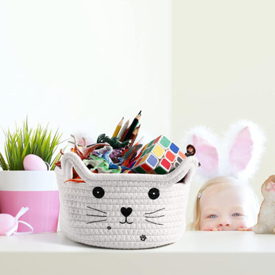 Panier de rangement pour chat tissé avec des oreilles et un jouet décoratif pour animal de compagnie
