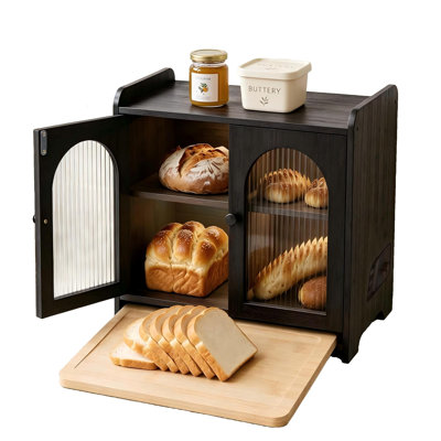 Bread Box for Kitchen Countertop, Large Double Layer Wooden Bread Storage Container with Acrylic Window, Adjustable Air Vents & Built-In Cutting Board, Pantry Organizer, (Black)
