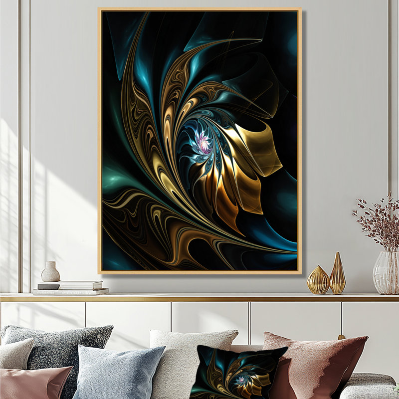 Fleur noire dorée moderne - art mural fleur fractale, impression avec fleur noire, H 40 po x l 30 po, Cadre flottant, Érable