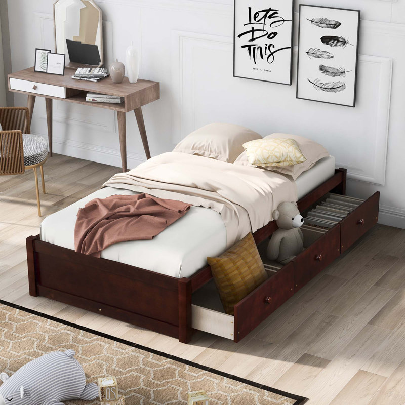 Orisfur. Lit plateforme simple avec rangement et 3 tiroirs, Cerisier