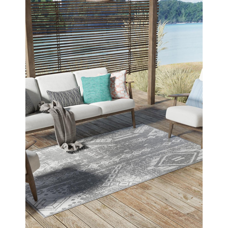 Tapis intérieur / extérieur gris anthracite / blanc en polypropylène tissé à la machine Wilmslow