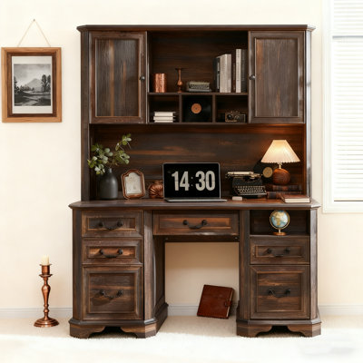 Bureau de direction 59 po en bois de ferme avec 2 armoires de rangement, bureau à domicile avec station de charge, rangement pour classeur