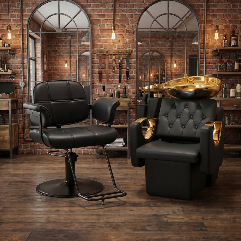 Évier de shampooing noir et doré avec cuve de lavage en céramique et fauteuil de barbier pivotant à 360 °