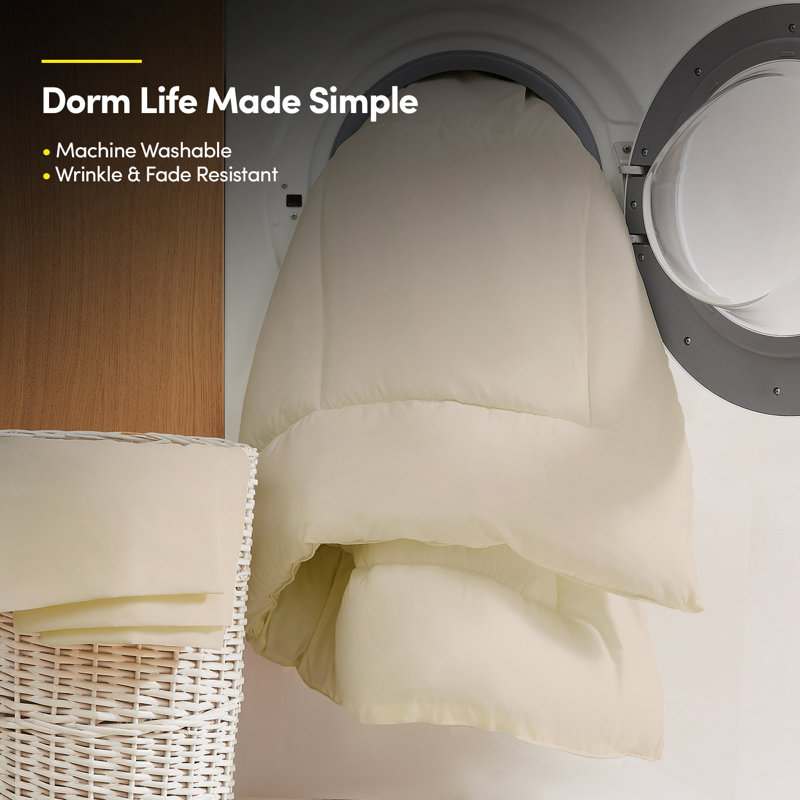 Ensemble de literie pour grand lit simple 7 pièces Campus Ready Dorm, édredon, oreillers et draps, Beige