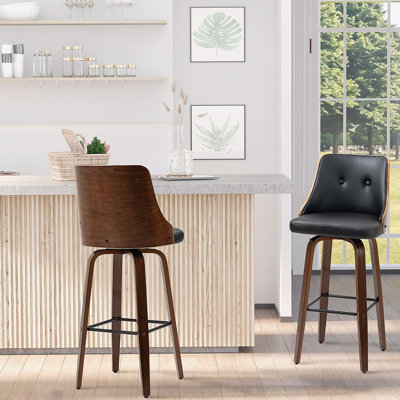 Bar Height Bar Stools, PU Leather Swivel Barstools with Footrest and Tufted Back, Set of 2, Black by George Oliver
