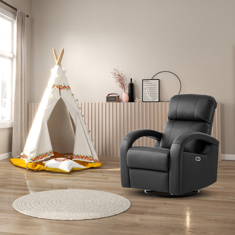 Power Recliner Top Grain Leather Electric Chair Adjustable 270°Swivel Chair, Black Top Grain Leather