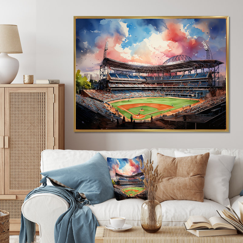 Abstract Baseball Stadium III - Stadiums Wall Art Decor, 24" H x 32" W x 1" D, Gold Floater Framed