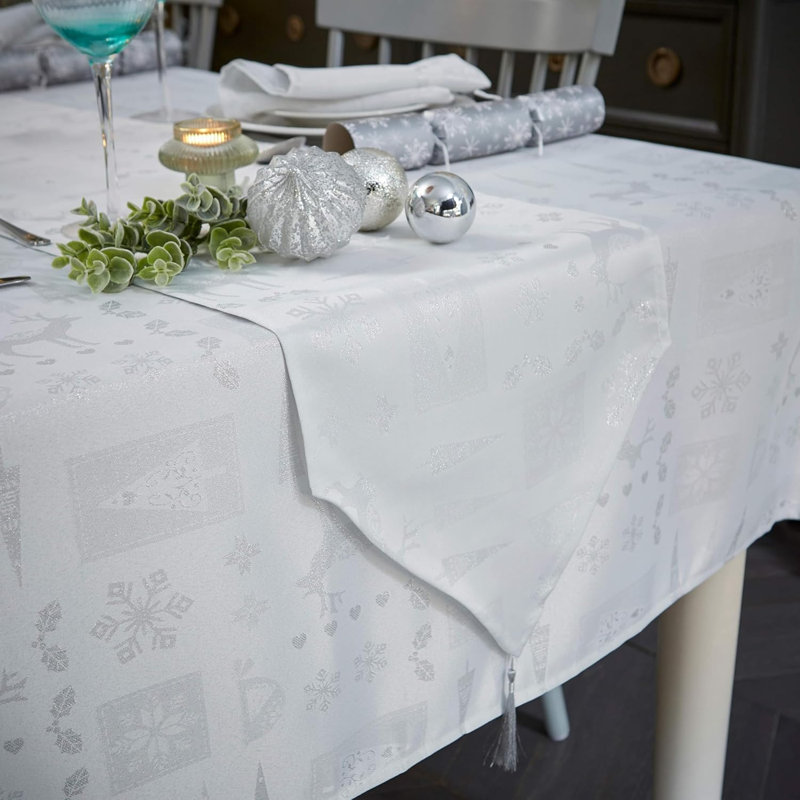 Christmas Theme Tasselled Table Runner 13in, 33cm W x 183cm L, White
